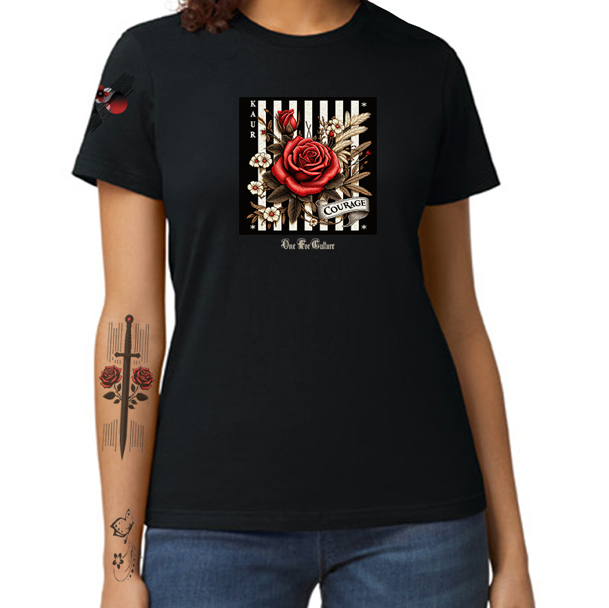 Striped Elegance, Floral Fury: KAUR COURAGE T-Shirt